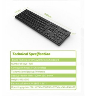 Acer OAK920 Q Usb SİYAH 1.8mt  Kablolu Klavye-Tek Tuş Hesap Makinalı (Sessiz Tuş)