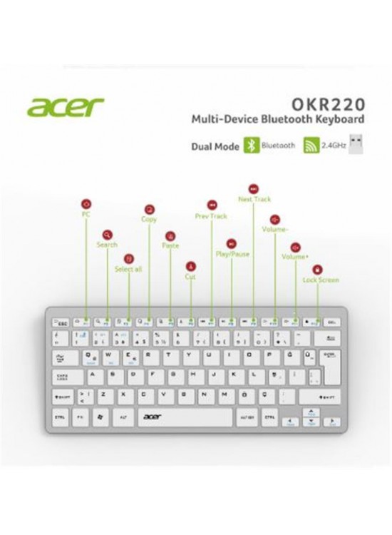 Acer OKR220 Beyaz MultiDevice Dual Mode 2.4GHZ Bluetooth Klavye (Smart Tv)(Android) Acer OKR220 Beyaz MultiDevice Dual Mode 2.4GHZ Bluetooth Klavye (Smart Tv)(Android)