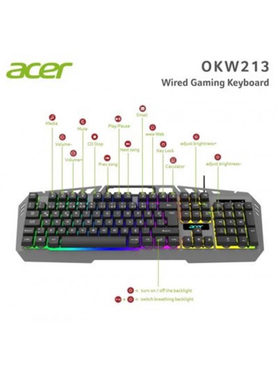 Acer OKW213 Gri RGB Rainbow Backlit Gaming Keyboard Rainbow (Kablo Uzunluğu 1,5mt) Acer OKW213 Gri RGB Rainbow Backlit Gaming Keyboard Rainbow (Kablo Uzunluğu 1,5mt)