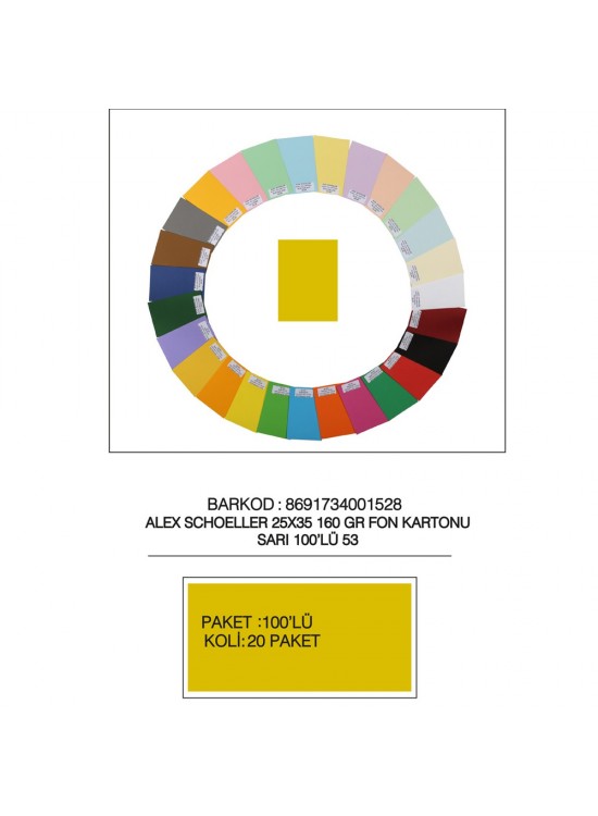 Alex Schoeller Fon Kartonu 160 GR 25x35 53 Sarı (1 Adet) Alex Schoeller Fon Kartonu 160 GR 25x35 53 Sarı (1 Adet)