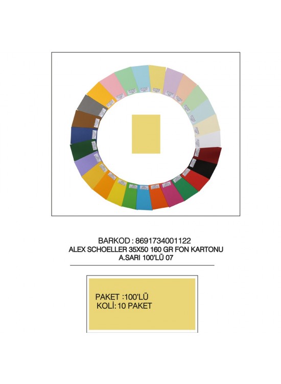 Alex Schoeller Fon Kartonu 160 GR 35x50 07 Açık Sarı (1 Adet) Alex Schoeller Fon Kartonu 160 GR 35x50 07 Açık Sarı (1 Adet)