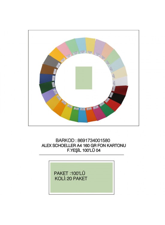 Alex Schoeller Fon Kartonu 160 GR A4 04 Fıs Yeşili (1 Adet) Alex Schoeller Fon Kartonu 160 GR A4 04 Fıs Yeşili (1 Adet)