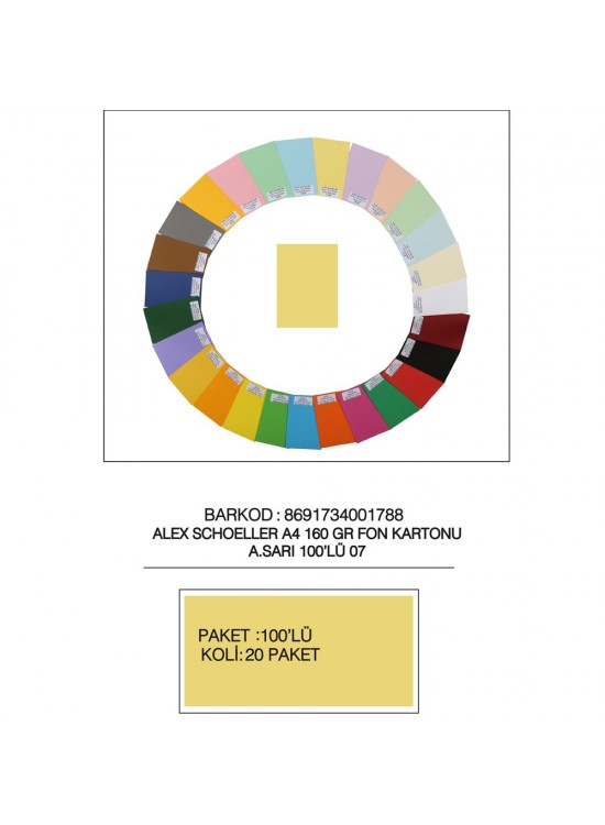 Alex Schoeller Fon Kartonu 160 GR A4 07 A Sarı (1 Adet) Alex Schoeller Fon Kartonu 160 GR A4 07 A Sarı (1 Adet)