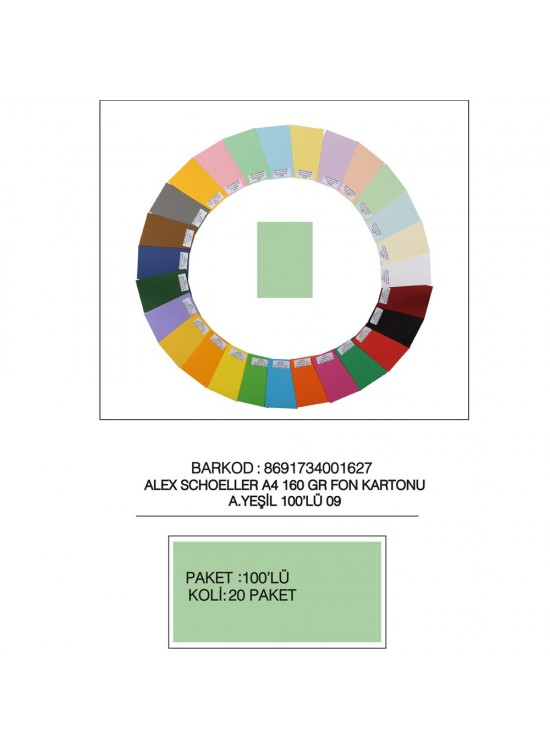 Alex Schoeller Fon Kartonu 160 GR A4 09 A Yeşil (1 Adet) Alex Schoeller Fon Kartonu 160 GR A4 09 A Yeşil (1 Adet)