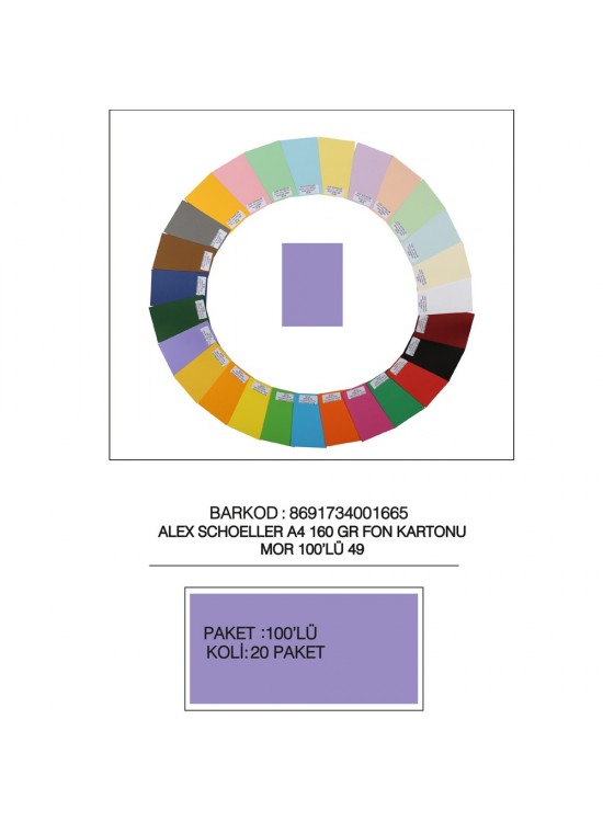 Alex Schoeller Fon Kartonu 160 GR A4 49 Mor (1 Adet) Alex Schoeller Fon Kartonu 160 GR A4 49 Mor (1 Adet)