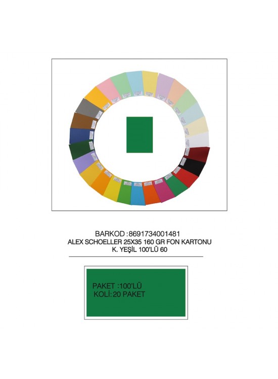 Alex Schoeller Fon Kartonu 25x35 No:60 K.Yeşil 100 Lü Alex Schoeller Fon Kartonu 25x35 No:60 K.Yeşil 100 Lü