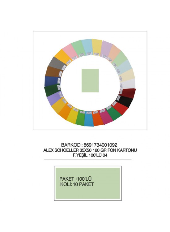 Alex Schoeller Fon Kartonu 35x50 No:04 Fıs.Yeşil 100 Lü Alx-2704 Alex Schoeller Fon Kartonu 35x50 No:04 Fıs.Yeşil 100 Lü Alx-2704