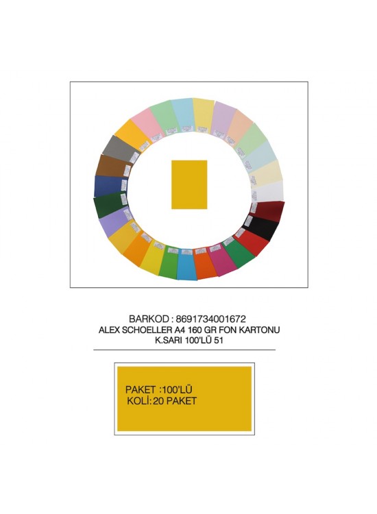 Alex Schoeller Fon Kartonu A4 No:51 K.Sarı 100 Lü Alex Schoeller Fon Kartonu A4 No:51 K.Sarı 100 Lü