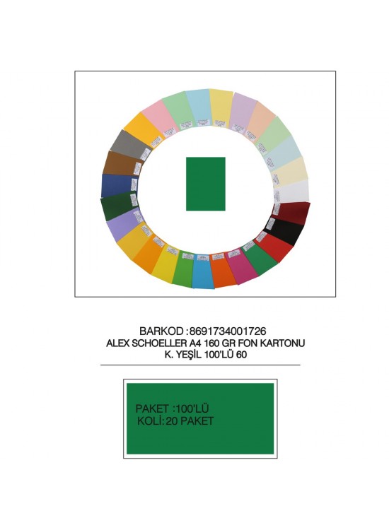 Alex Schoeller Fon Kartonu Kolej A4 No:60 K.Yeşil 100 Lü Alex Schoeller Fon Kartonu Kolej A4 No:60 K.Yeşil 100 Lü