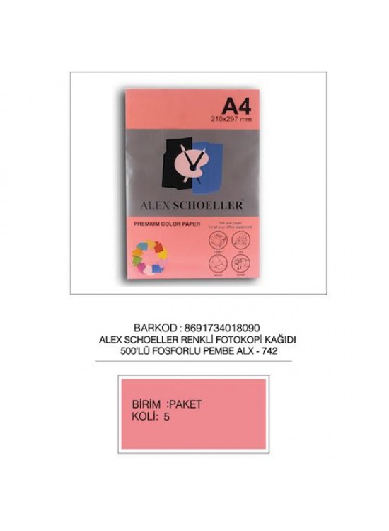 Alex Schoeller Renkli Fotokopi Kağıdı 500 LÜ A4 75 GR Fosforlu Pembe ALX-742