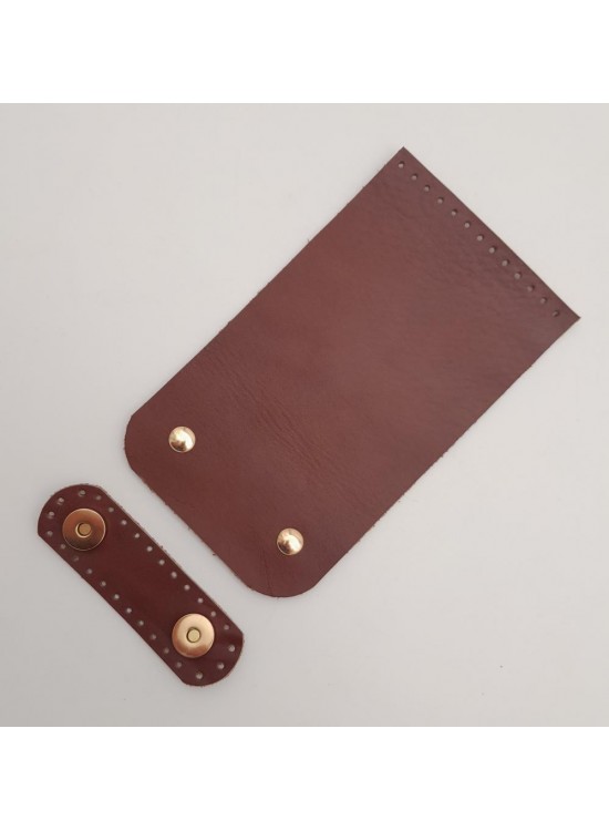 Çanta Aksesuar 11x19 cm Gerçek Deri Çift Mıknatıslı Kızıl Kahve Renk Çanta Kapağı Light Gold Metalli