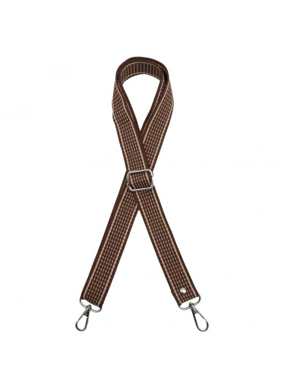 Çanta Aksesuar 120x3 cm Polyester Kolon Çanta Sapı Açık Kahve Renk Bej Şeritli Gümüş Metalli