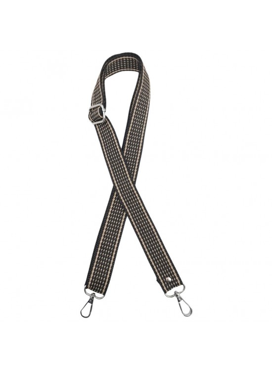 Çanta Aksesuar 120x3 cm Polyester Kolon Çanta Sapı Koyu Kahve Renk Bej Şeritli Gümüş Metalli