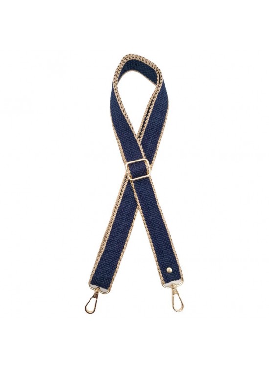 Çanta Aksesuar 120x3 cm Polyester Kolon Çanta Sapı Lacivert Renk Bej Şeritli Light Gold Metalli