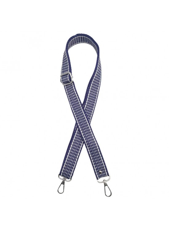 Çanta Aksesuar 120x3 cm Polyester Kolon Çanta Sapı Lacivert Renk Beyaz Şeritli Gümüş Metalli Çanta Aksesuar 120x3 cm Polyester Kolon Çanta Sapı Lacivert Renk Beyaz Şeritli Gümüş Metalli