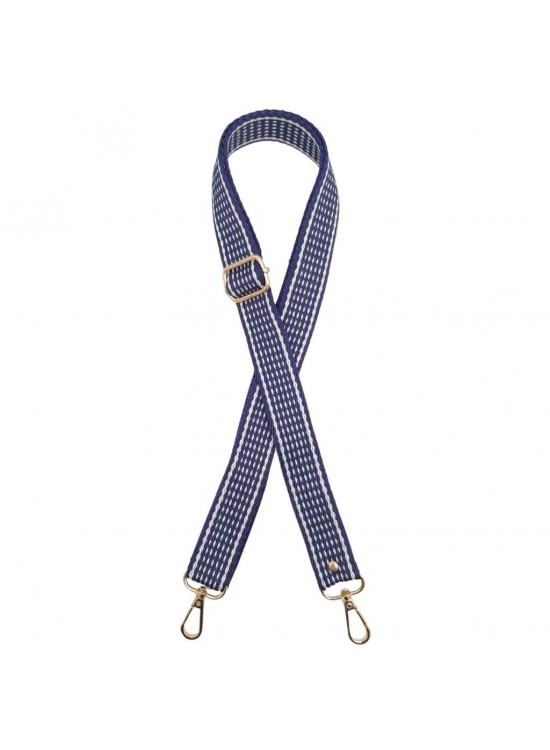 Çanta Aksesuar 120x3 cm Polyester Kolon Çanta Sapı Lacivert Renk Beyaz Şeritli Light Gold Metalli Çanta Aksesuar 120x3 cm Polyester Kolon Çanta Sapı Lacivert Renk Beyaz Şeritli Light Gold Metalli