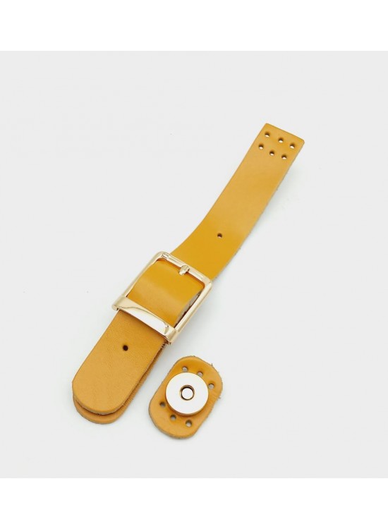 Çanta Aksesuar 18x2,3 cm Hardal Gerçek Deri Tokalı Çanta Kapağı Light Gold Metalli