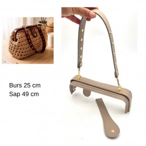 Çanta Aksesuar 25 Cm Lüks Model Çanta Seti Koyu Bej Light Gold Metalli