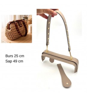 Çanta Aksesuar 25 Cm Lüks Model Çanta Seti Koyu Bej Light Gold Metalli