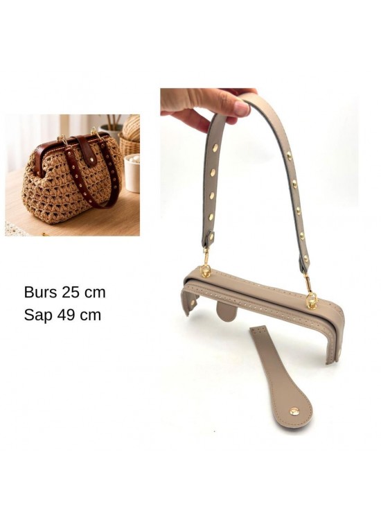 Çanta Aksesuar 25 Cm Lüks Model Çanta Seti Koyu Bej Light Gold Metalli