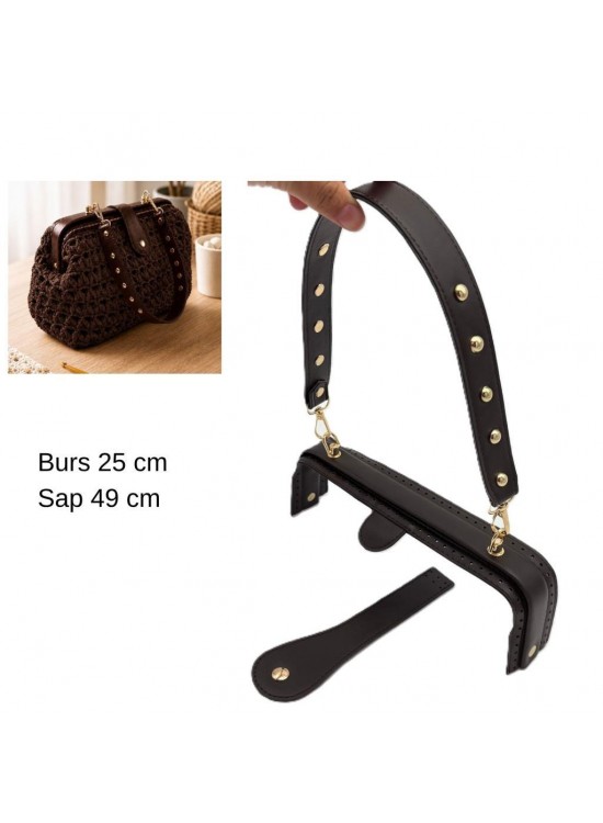Çanta Aksesuar 25 Cm Lüks Model Çanta Seti Koyu Kahve Light Gold Metalli