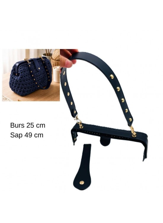 Çanta Aksesuar 25 Cm Lüks Model Çanta Seti Lacivert Light Gold Metalli