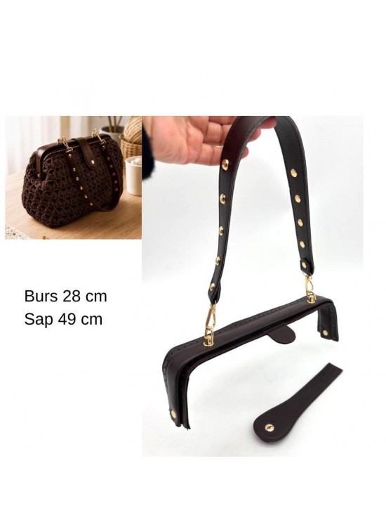 Çanta Aksesuar 28 Cm Lüks Model Çanta Seti Koyu Kahve Light Gold Metalli