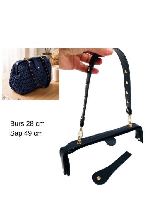 Çanta Aksesuar 28 Cm Lüks Model Çanta Seti Lacivert Light Gold Metalli