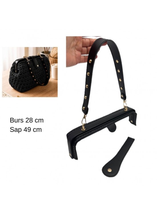 Çanta Aksesuar 28 Cm Lüks Model Çanta Seti Siyah Light Gold Metalli