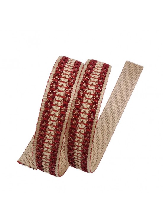 Çanta Aksesuar 3 cm Polyester Kolon Bej Kırmızı Simli 1 Metre