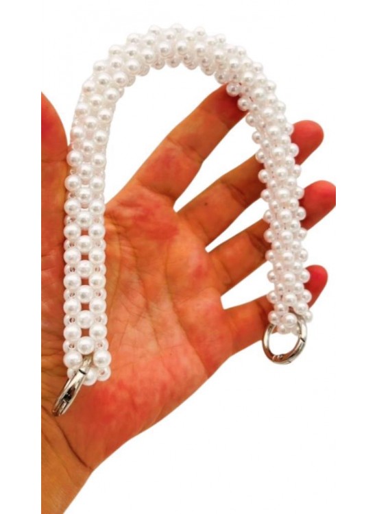 Çanta Aksesuar 31 cm Beyaz Boncuklu Kare Model Çanta Sapı Yaylı Halkalı