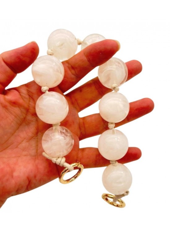 Çanta Aksesuar 32 cm Şeffaf- Kırık Beyaz Boncuklu Çanta Sapı Yaylı Halkalı