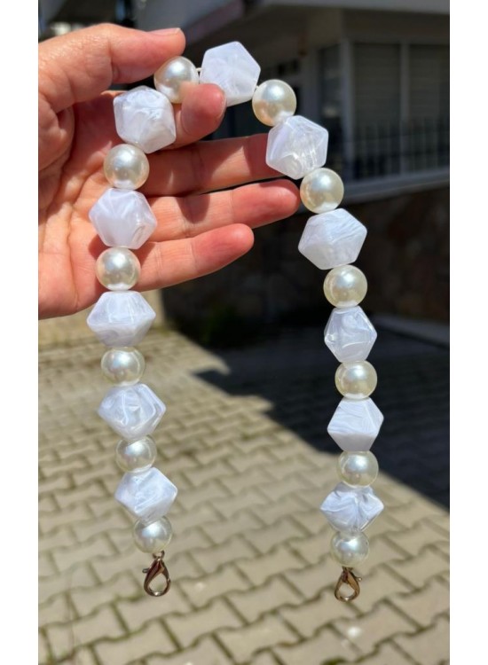 Çanta Aksesuar 40 cm Beyaz Renk İncili Çanta Sapı Kancalı