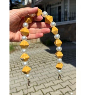 Çanta Aksesuar 40 cm Hardal Sarı Renk İncili Çanta Sapı Kancalı