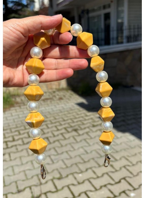 Çanta Aksesuar 40 cm Hardal Sarı Renk İncili Çanta Sapı Kancalı