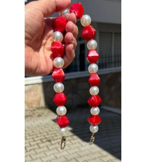 Çanta Aksesuar 40 cm Kırmızı Renk İncili Çanta Sapı Kancalı