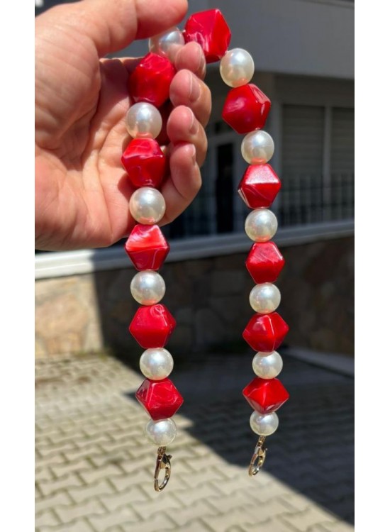 Çanta Aksesuar 40 cm Kırmızı Renk İncili Çanta Sapı Kancalı