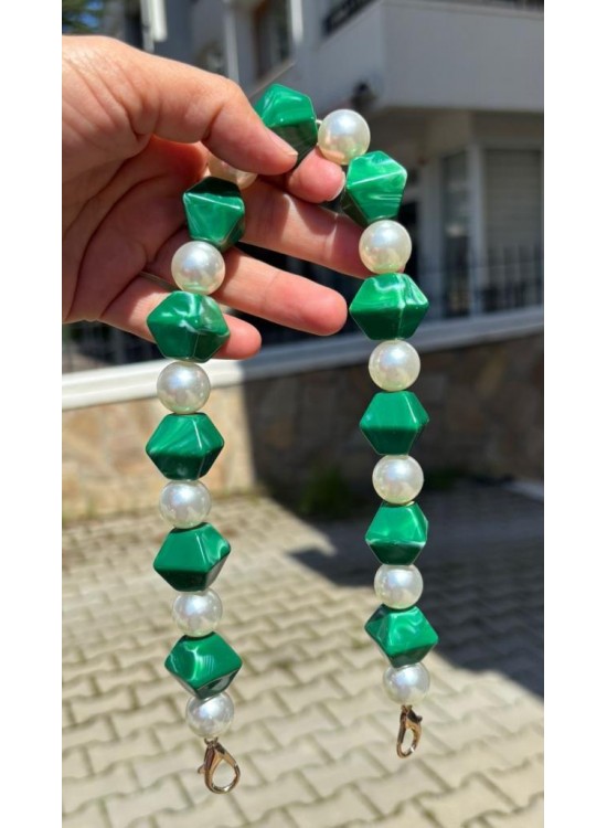 Çanta Aksesuar 40 cm Yeşil Renk İncili Çanta Sapı Kancalı