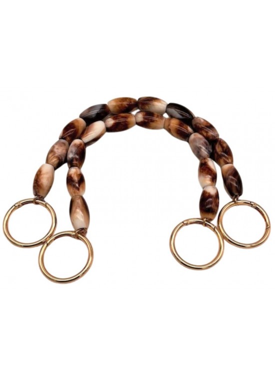 Çanta Aksesuar 42 cm Oval Kahve-Bej  Boncuklu Çift Çanta Sapı Light Gold Metalli