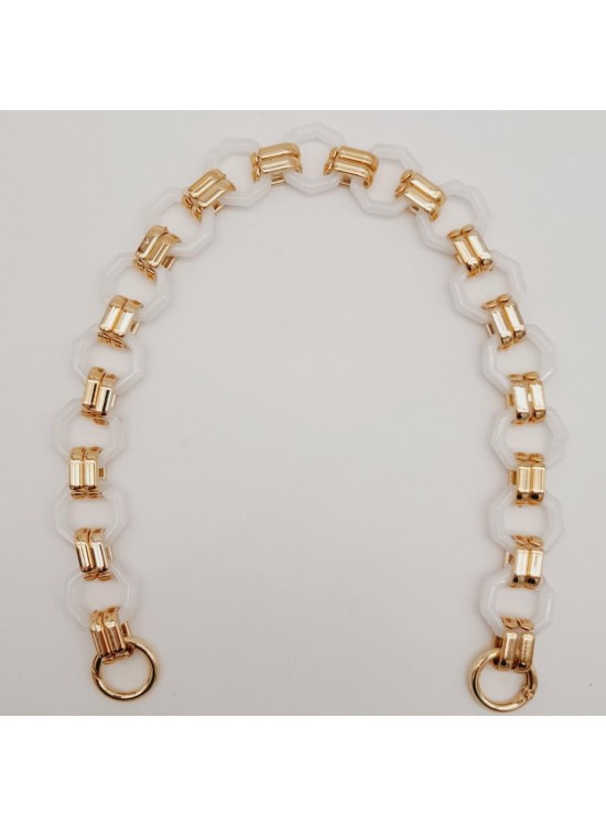 Çanta Aksesuar 48 cm Sekizgen Akrilik Çanta Sapı Zinciri Beyaz Renk Light Gold Metal