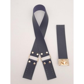 Çanta Aksesuar 70x4 cm Suni Deri Çanta Saplı Kapaklı Lacivert Çanta Seti Light Gold Metalli