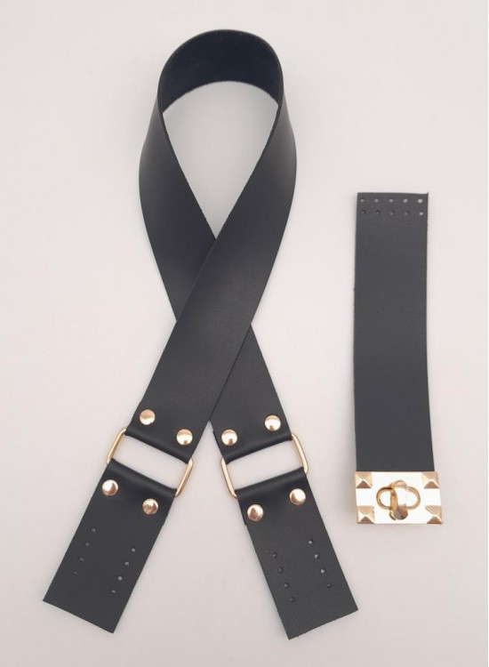 Çanta Aksesuar 70x4 cm Suni Deri Çanta Saplı Kapaklı Siyah Çanta Seti Light Gold Metalli