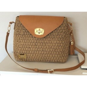 Çanta Aksesuar Gerçek Deri Çanta Seti Püsküllü Açık Taba Gold Metal