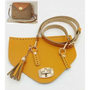 Çanta Aksesuar Gerçek Deri Çanta Seti Püsküllü Hardal Gold Metalli
