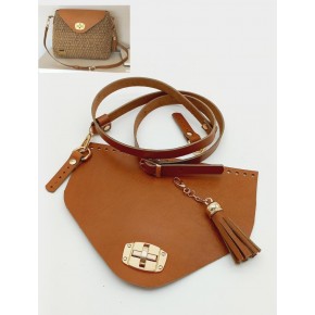 Çanta Aksesuar Gerçek Deri Çanta Seti Püsküllü Taba Gold Metalli