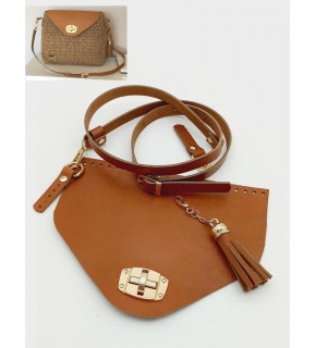 Çanta Aksesuar Gerçek Deri Çanta Seti Püsküllü Taba Gold Metalli