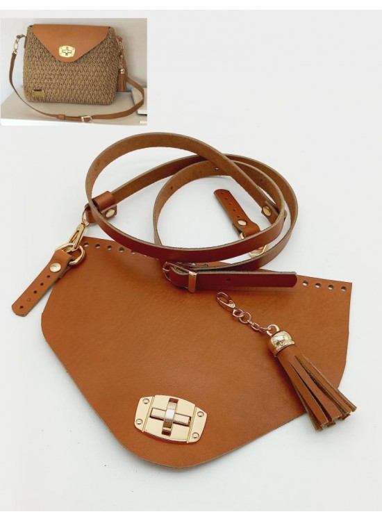 Çanta Aksesuar Gerçek Deri Çanta Seti Püsküllü Taba Gold Metalli