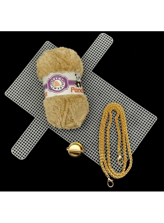 Çanta Aksesuar Kalın Örgü Zincir Panda Kürk İpli Çanta Seti Light Gold