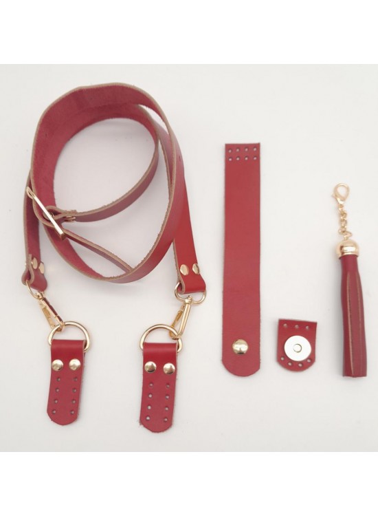 Çanta Aksesuar Kırmızı Gerçek Deri 130x2.3 cm Ayarlı Saplı Püsküllü Çanta Seti Light Gold Metalli