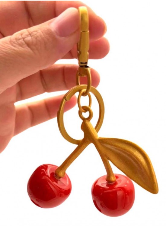 Çanta Aksesuar Kırmızı  Kiraz Anahtarlık , Çanta Süsü Antik- Gold Metalli